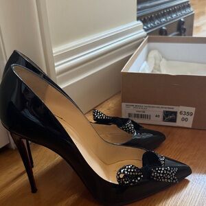Christian Louboutin Black Patent Heels with Studded Bow